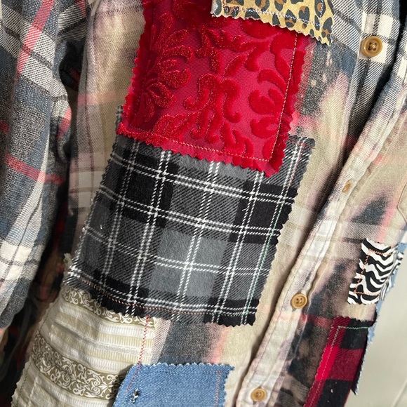 Upcycled Bleached Plaid Flannel with Red Denim Patchwork Animal Prints - Picture 2 of 8